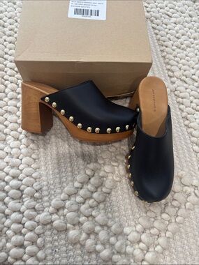 Anthropologie Black Leather Studded Wood-Heel Clogs NWT